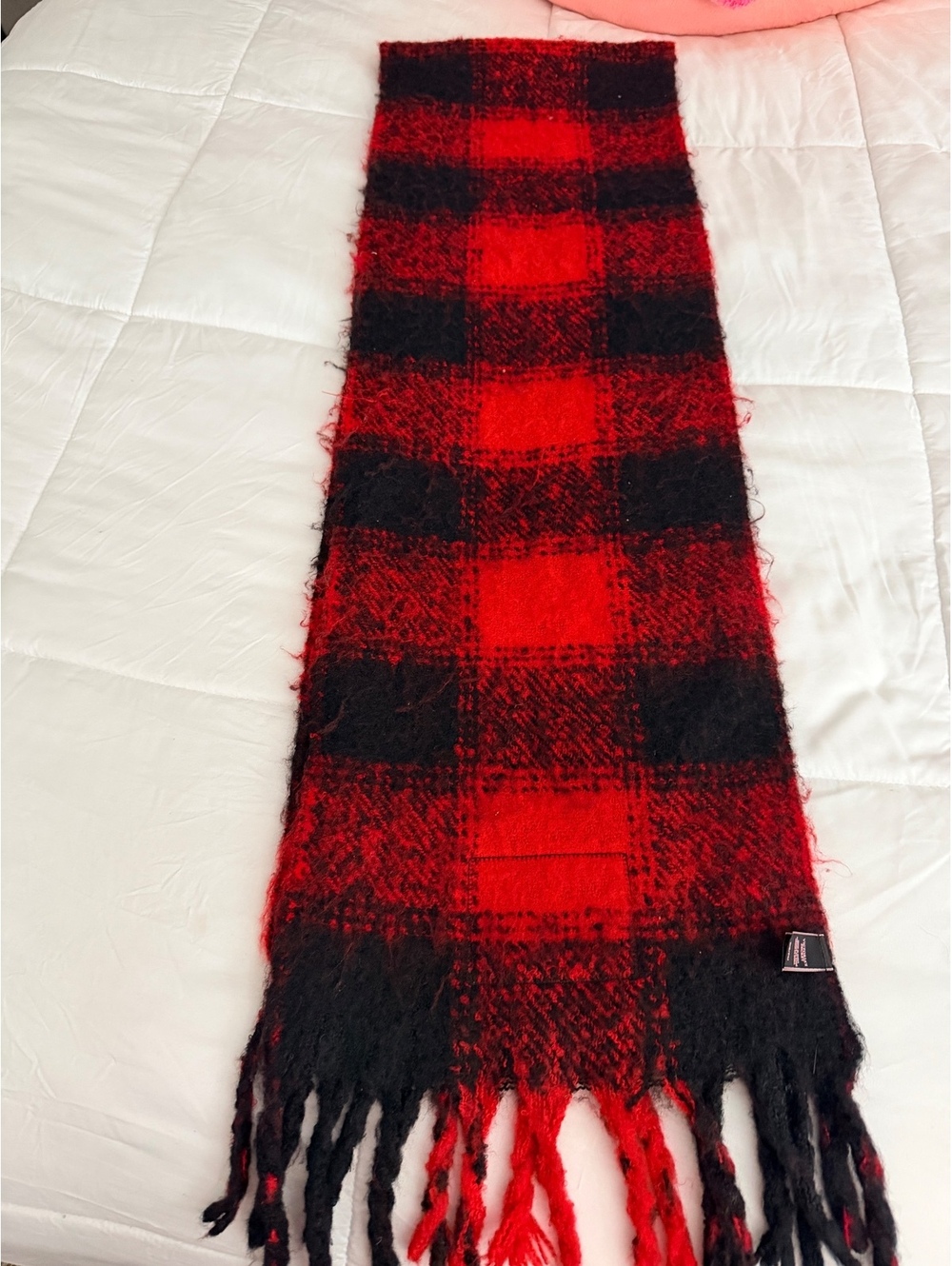 Victoria's Secret Red and Black Plaid Mohair Scarf with Fray